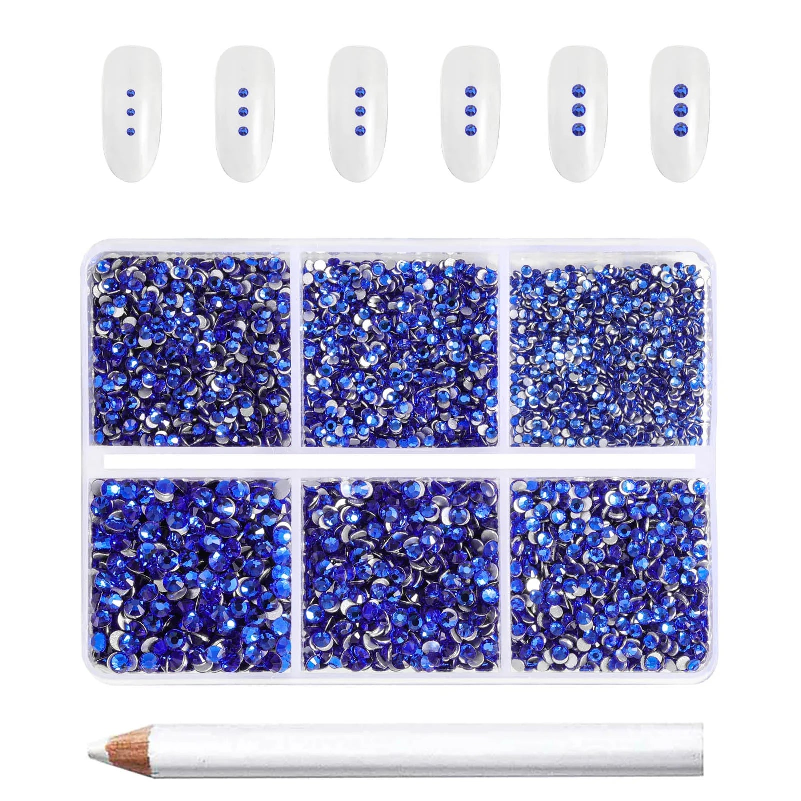 7200pcs Flatback Rhinestones,Nail Gems Round Crystal Rhinestones for Crafts,Mixed 6 Sizes with Wax Pencil Kit, SS3-SS10- Sapphire