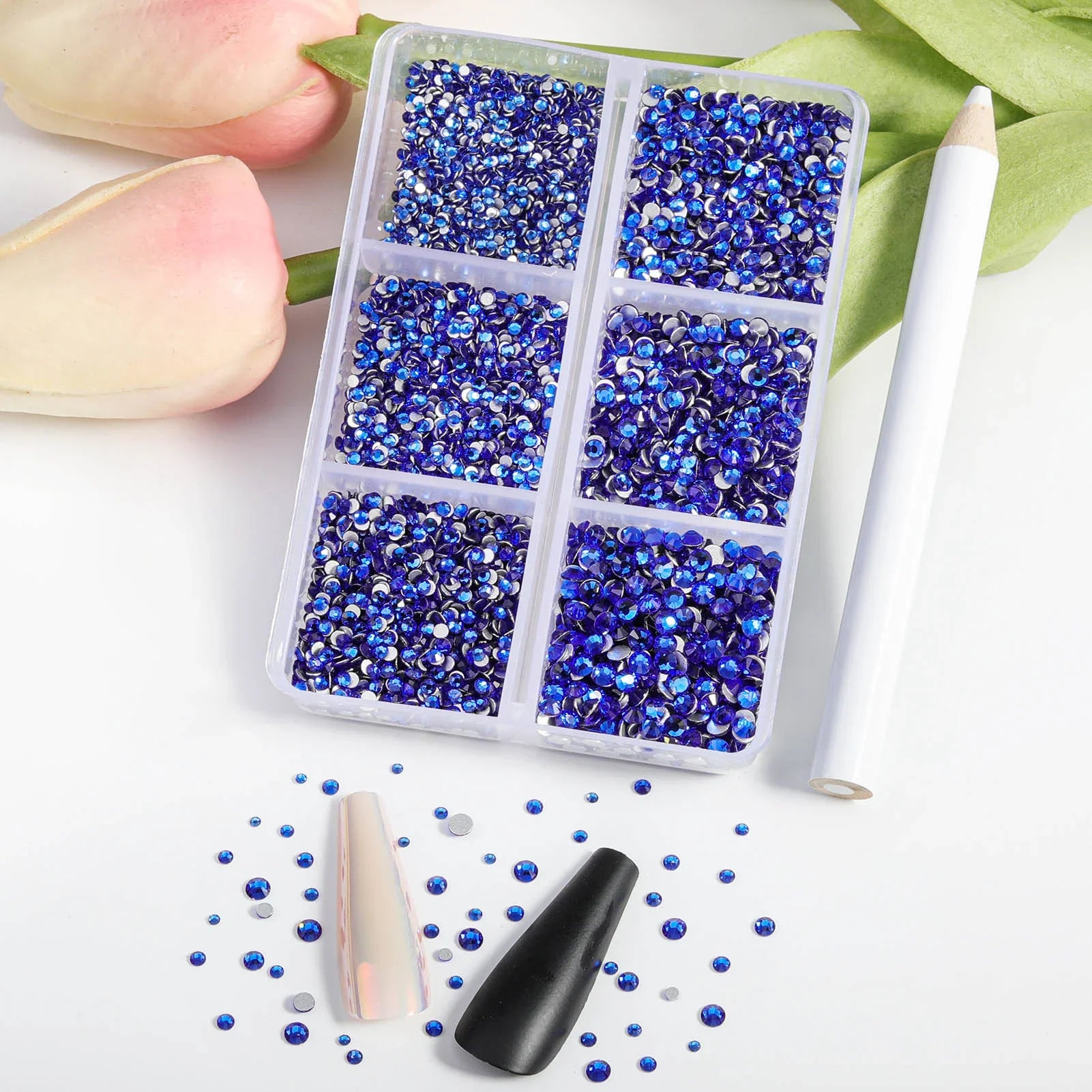 7200pcs Flatback Rhinestones,Nail Gems Round Crystal Rhinestones for Crafts,Mixed 6 Sizes with Wax Pencil Kit, SS3-SS10- Sapphire - Image 2