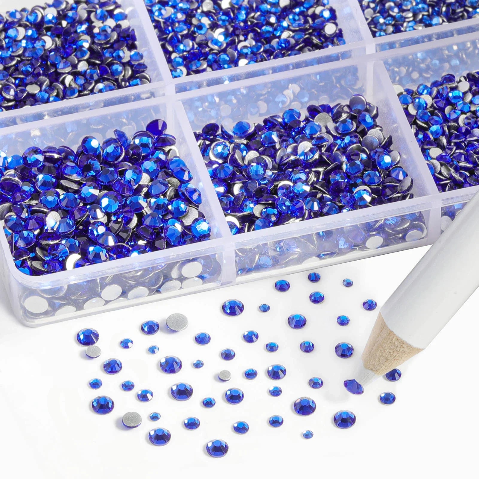 7200pcs Flatback Rhinestones,Nail Gems Round Crystal Rhinestones for Crafts,Mixed 6 Sizes with Wax Pencil Kit, SS3-SS10- Sapphire - Image 3