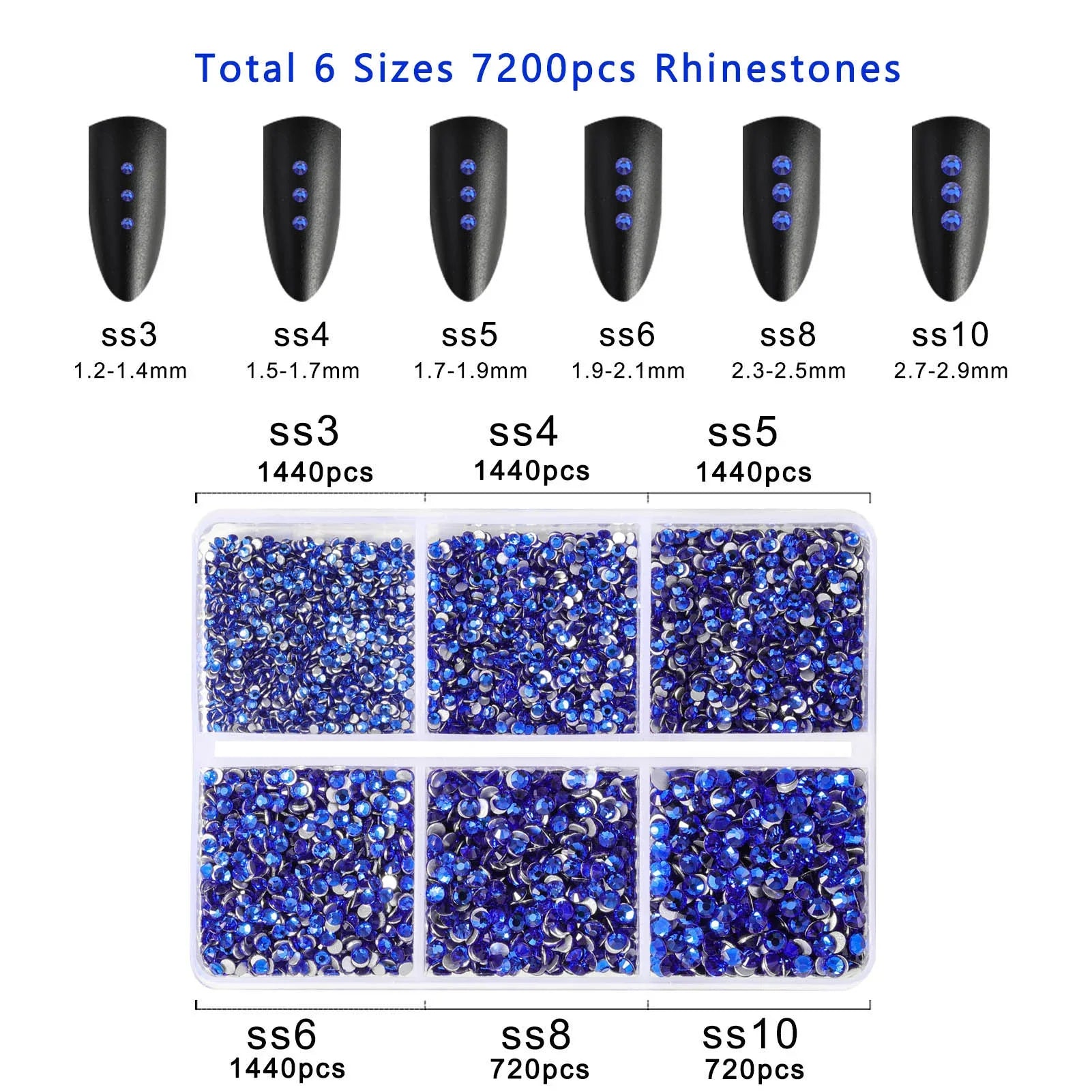 7200pcs Flatback Rhinestones,Nail Gems Round Crystal Rhinestones for Crafts,Mixed 6 Sizes with Wax Pencil Kit, SS3-SS10- Sapphire - Image 4