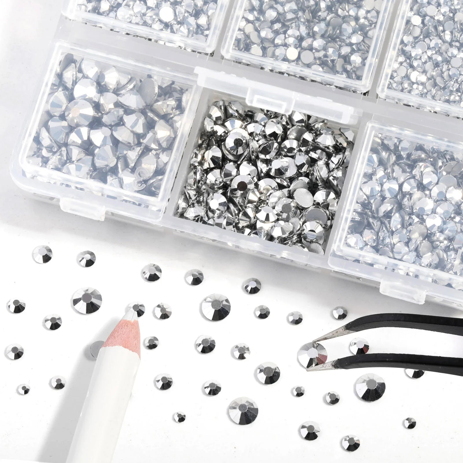 4300pcs Flatback Rhinestones, Nail Gems Round Crystal Rhinestones for Crafts,Mixed 6 Sizes with Picking Tweezers and Wax Pencil Kit- Silver - Image 2