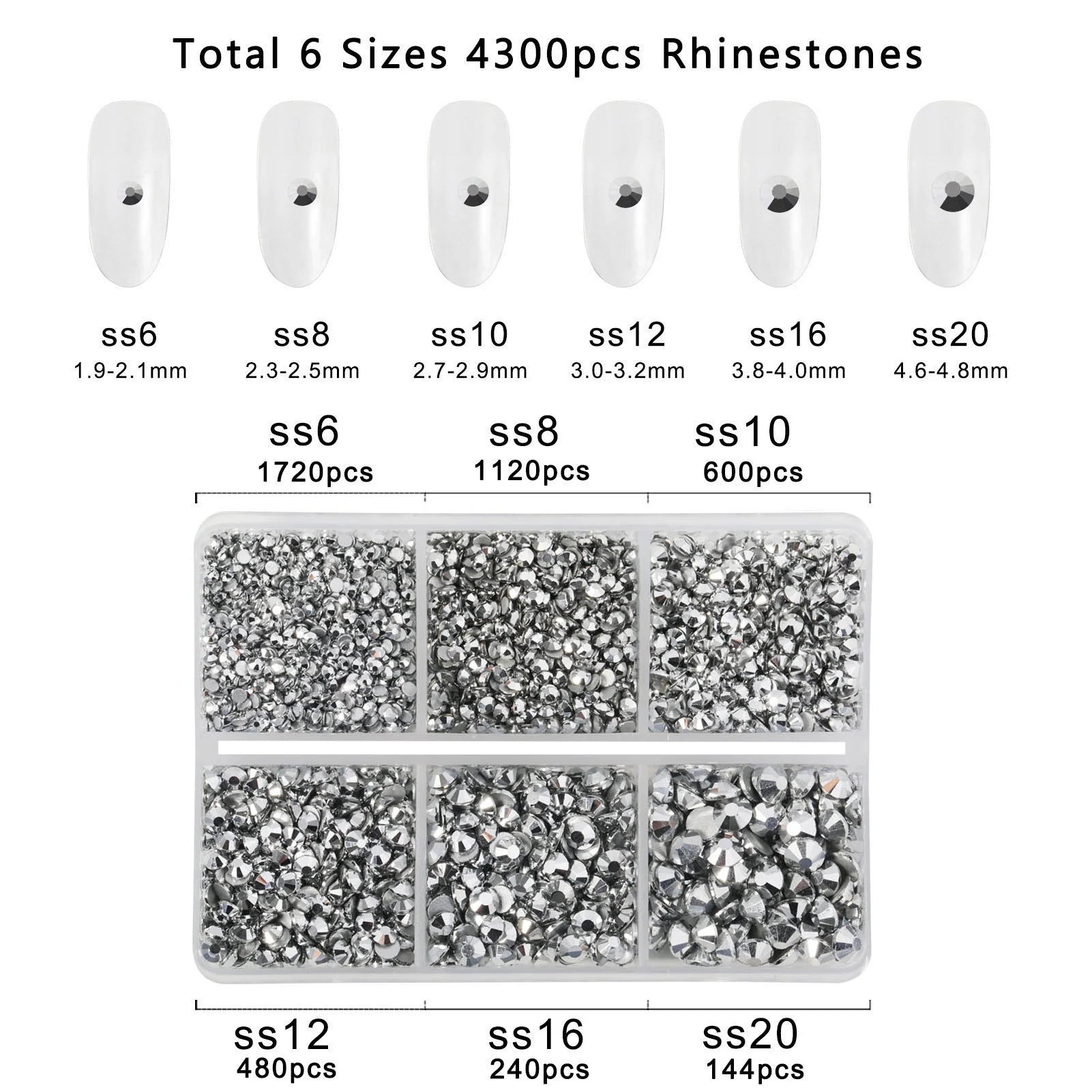 4300pcs Flatback Rhinestones, Nail Gems Round Crystal Rhinestones for Crafts,Mixed 6 Sizes with Picking Tweezers and Wax Pencil Kit- Silver - Image 3