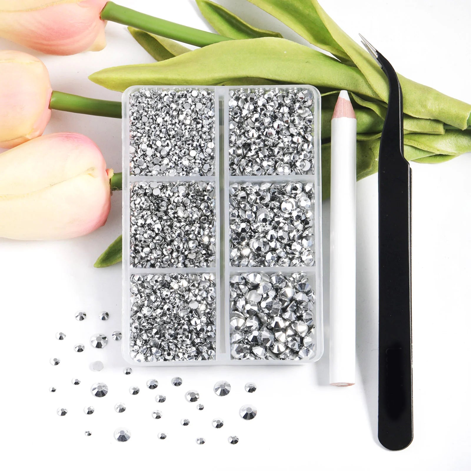 4300pcs Flatback Rhinestones, Nail Gems Round Crystal Rhinestones for Crafts,Mixed 6 Sizes with Picking Tweezers and Wax Pencil Kit- Silver - Image 4