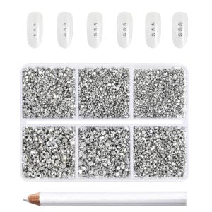 7200pcs Flatback Rhinestones,Nail Gems Round Crystal Rhinestones for Crafts,Mixed 6 Sizes with Wax Pencil Kit, SS3-SS10- Silver Hematite