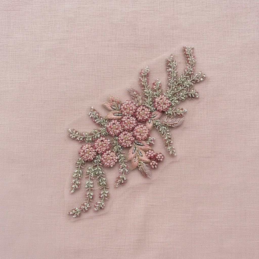 Color-Block 3D Embroidered Appliqué with Tube Beads & Lace – Minimalist Chic Patch for Sweaters, Jackets & DIY Fashion Embellishment