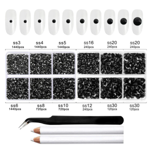 8300PCS Flatback Rhinestones, Nail Gems Round Crystal Rhinestones for Crafts, Mixed 10 Sizes with Wax Pencil and Tweezer Kit, SS3-SS30-Black